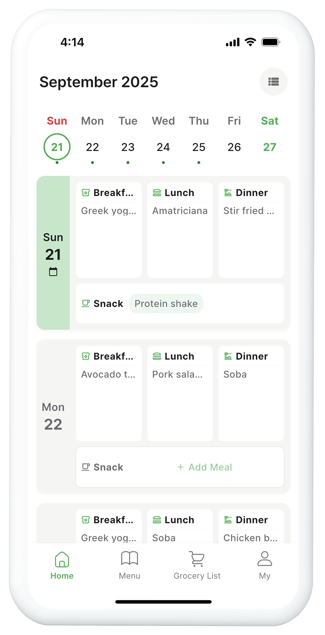 Weekly meal planning calendar